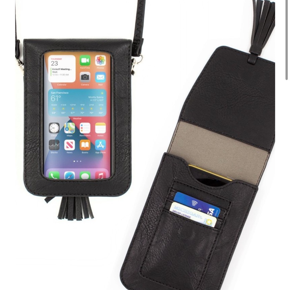 Harper crossbody black tassel phone pouch cardholder